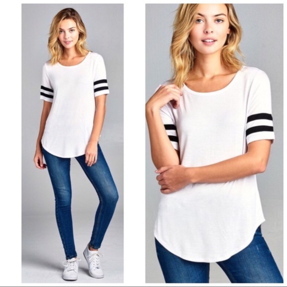  White w/ Black Varsity Stripes Crewneck Top - Picture 3 of 3